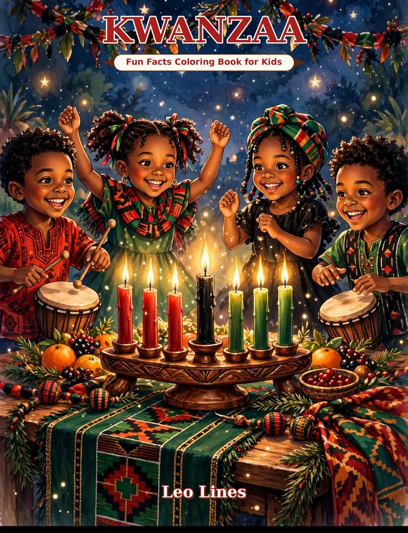 Cover of Kwanzaa Fun Facts Coloring Book for Kids by Leo Lines