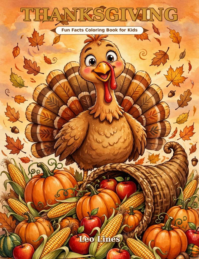 Cover of Thanksgiving Fun Facts Coloring Book for Kids by Leo Lines